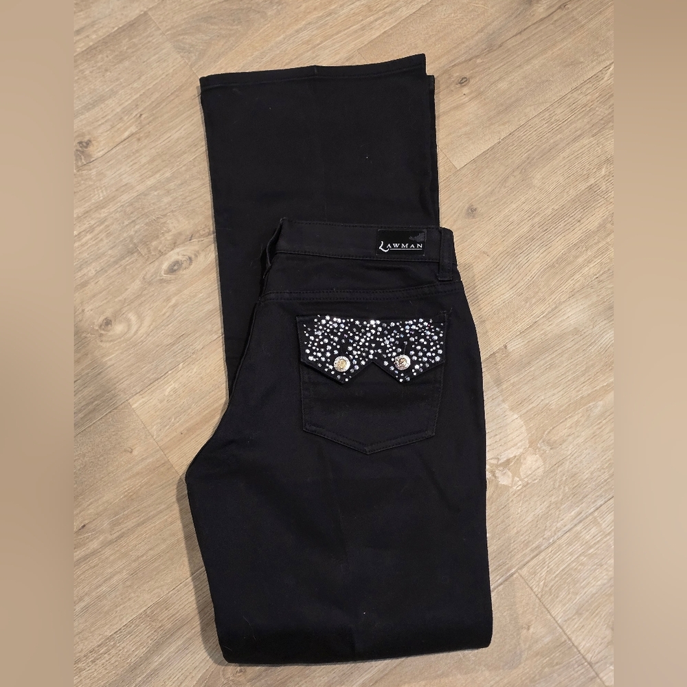Vintage Lawman Women's Black Western Flare Jeans Rhinestone Pocket 13/14 W32 L32